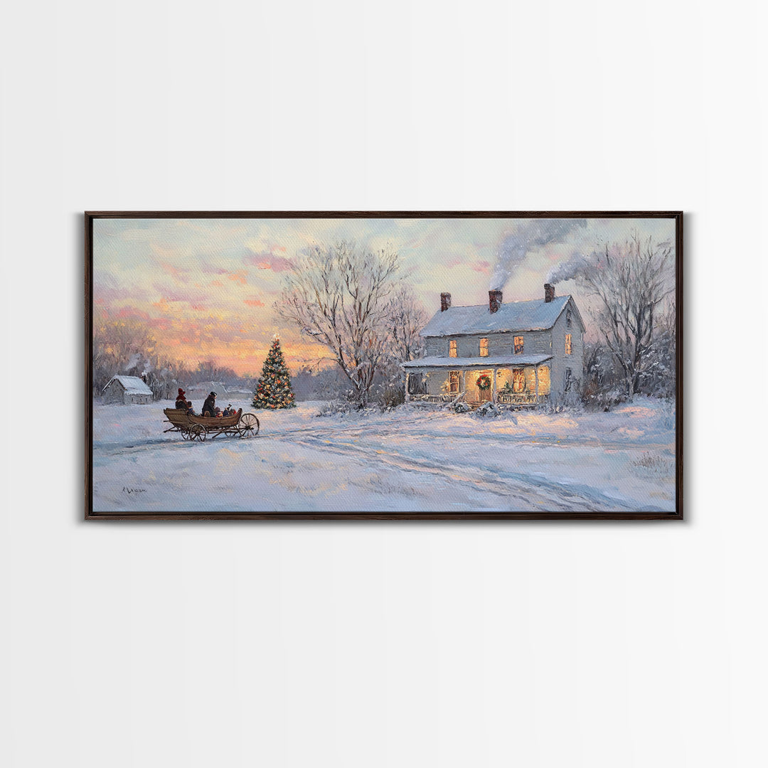 Horse Drawn Sleigh Ride Framed Canvas Print, Winter Wonderland Christmas Scene Art, Vintage Farmhouse Christmas Wall Art Gift Idea