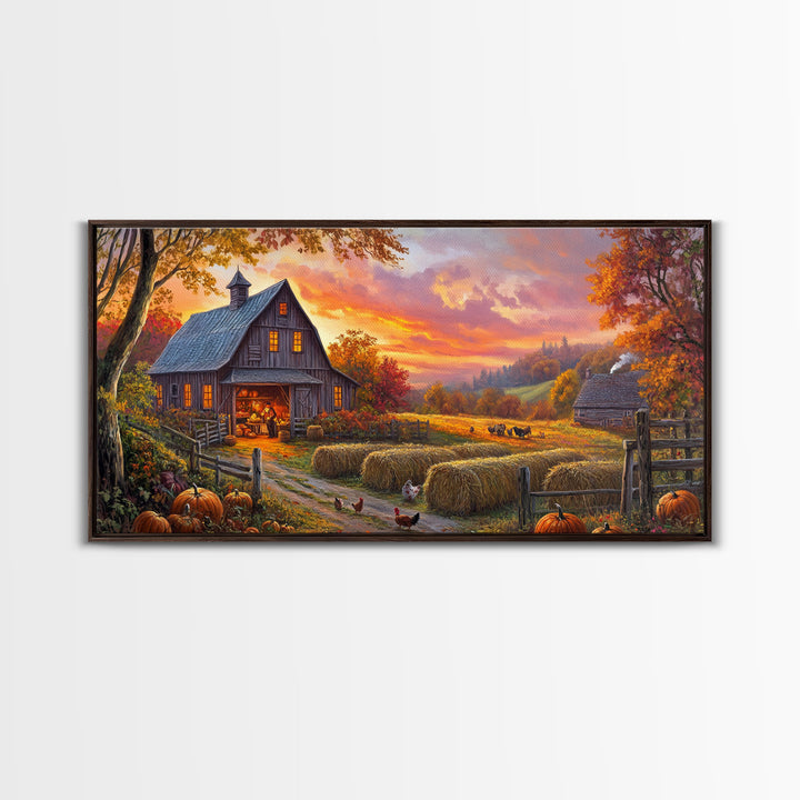 Cozy Barn at Sunset Framed Canvas Print, Fall Harvest Wall Art, Country Farmhouse Autumn Decor, Seasonal Gift Idea Best Fall Wall Art