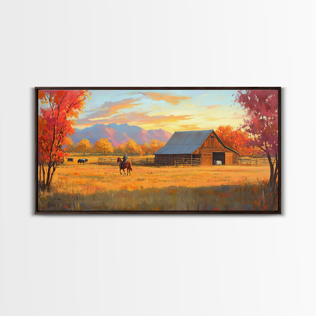 Autumn Cowboy Farm Framed Canvas Print, Cozy Fall Farmhouse Wall Art, Country Western Landscape Decor, Best Gift Seasonal Wall Art