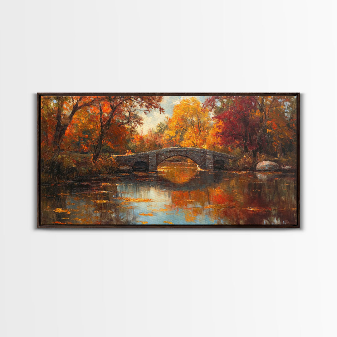 Scenic Autumn Bridge Framed Canvas Print, Cozy Fall Landscape Wall Art, Country Farmhouse Autumn Decor, Best Seasonal Gift Idea