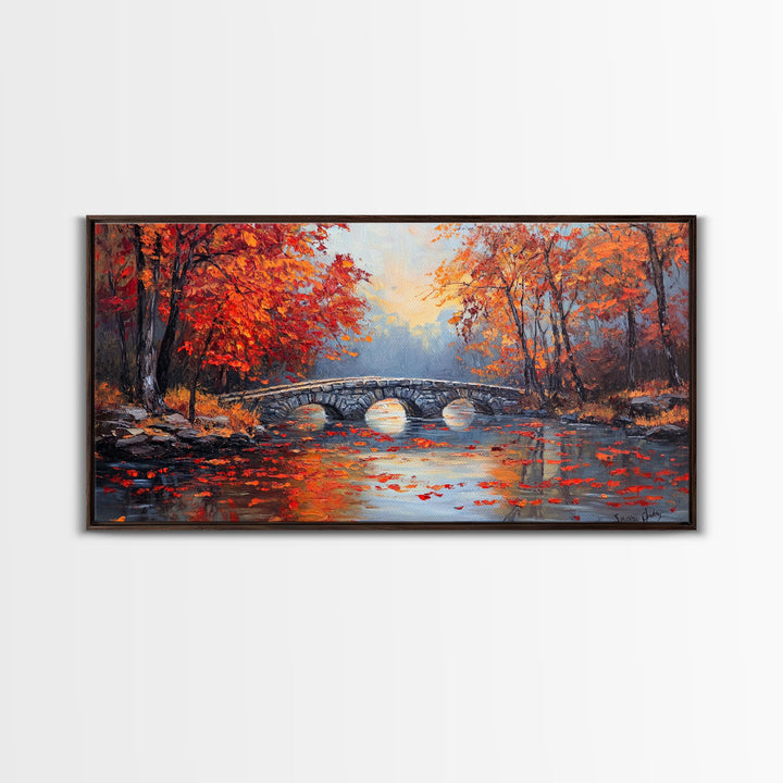 Autumn River Bridge Framed Canvas Print, Colorful Fall Landscape Wall Art, Cozy Seasonal Decor, Best Gift Idea for Farmhouse Wall Art