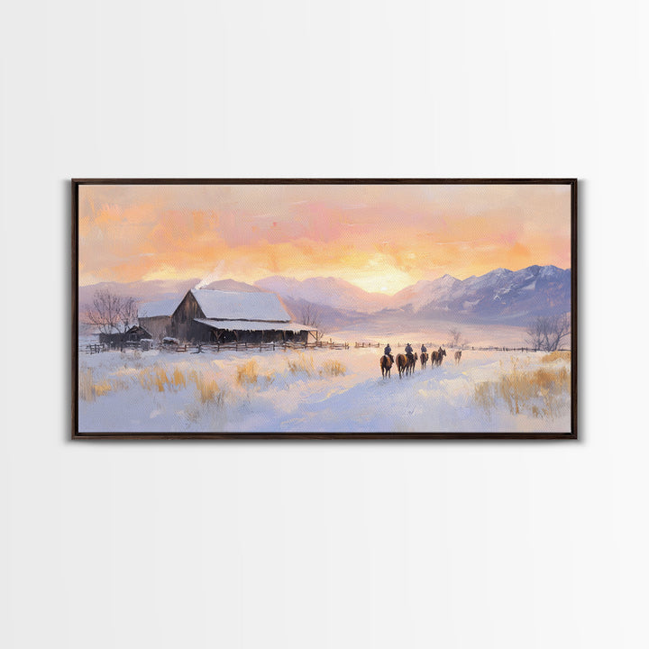 Snowy Farmhouse Sunset Framed Canvas Print, Winter Mountain Landscape Art, Rustic Country Christmas Decor, Best Winter Wall Art Gift