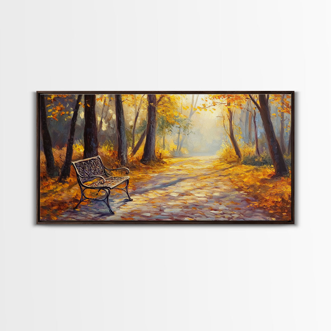 Autumn Path Bench Framed Canvas Print, Serene Fall Landscape Wall Art, Cozy Farmhouse Decor, Seasonal Wall Art Gift Idea