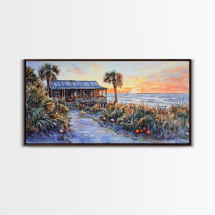 Tropical Beach House Autumn Sunset Scene With Pumpkins Framed Canvas Print, Coastal Fall Wall Art Perfect Gift Idea