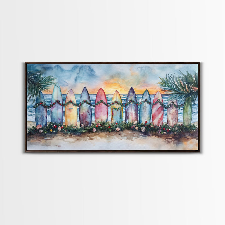 Vibrant Surfboard Coastal Christmas Scene Framed Canvas Print, Sunset Beach Holiday Decor with Garland and Ocean Waves Wall Art