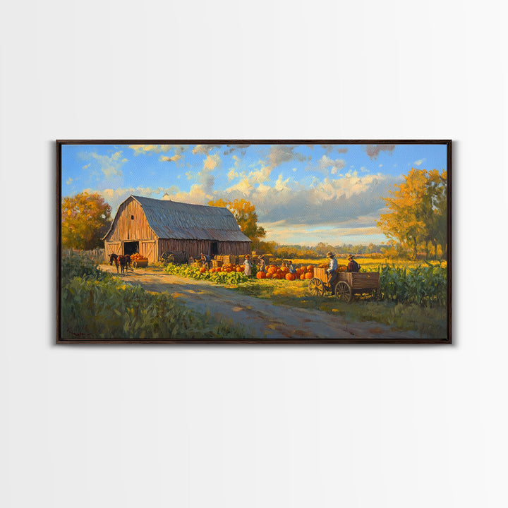 Picturesque Autumn Barn Harvest Scene Framed Canvas Print Farmhouse Art, Fall Harvest Scene Art Print, Rustic Wall Decor for Fall Season