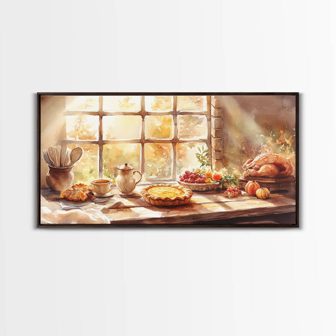 Thanksgiving table scene with food, pies and fall decor, Framed Canvas Print with pumpkins sunlight, autumn harvest home wall art and decor