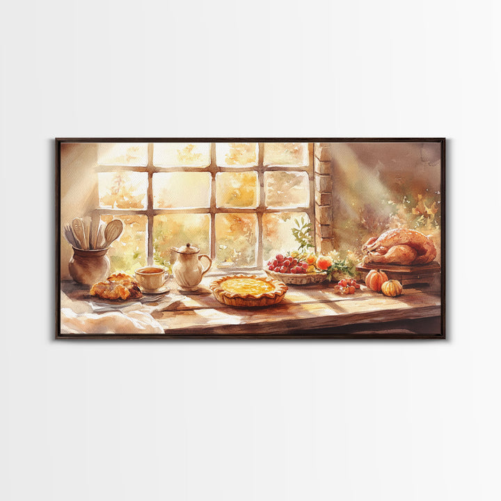 Thanksgiving table scene with food, pies and fall decor, Framed Canvas Print with pumpkins sunlight, autumn harvest home wall art and decor