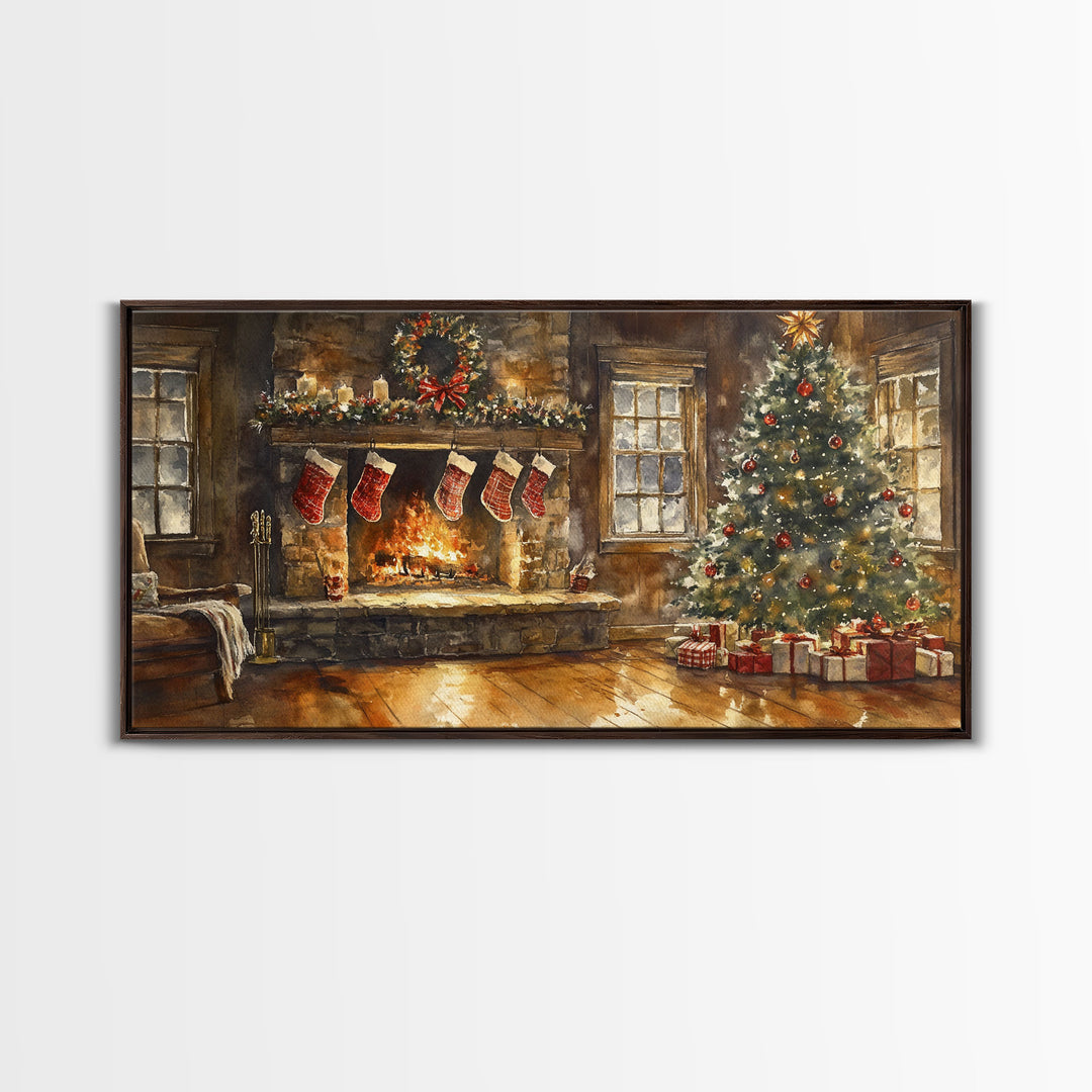 Cozy Christmas living room with stockings, Christmas tree, and fireplace, Framed Canvas Print for holiday wall art vintage Christmas decor