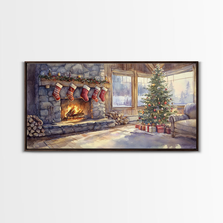 Snowy cabin lake scene at dusk with Christmas lights, Framed Canvas Print with a warm cabin glow, for winter wall art Christmas home decor