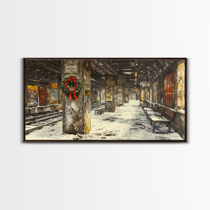 Underground subway station winter scene framed canvas print, snowy platform with festive wreath and urban decay, Christmas display