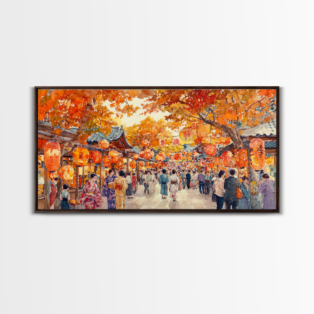 Vibrant fall market street scene with lanterns and people, framed canvas print, perfect autumn or fall festival decor wall art