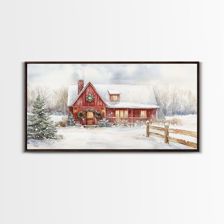 Snowy red farmhouse with wreaths and holiday lights, framed canvas print, perfect Christmas holiday decor or winter wall art display