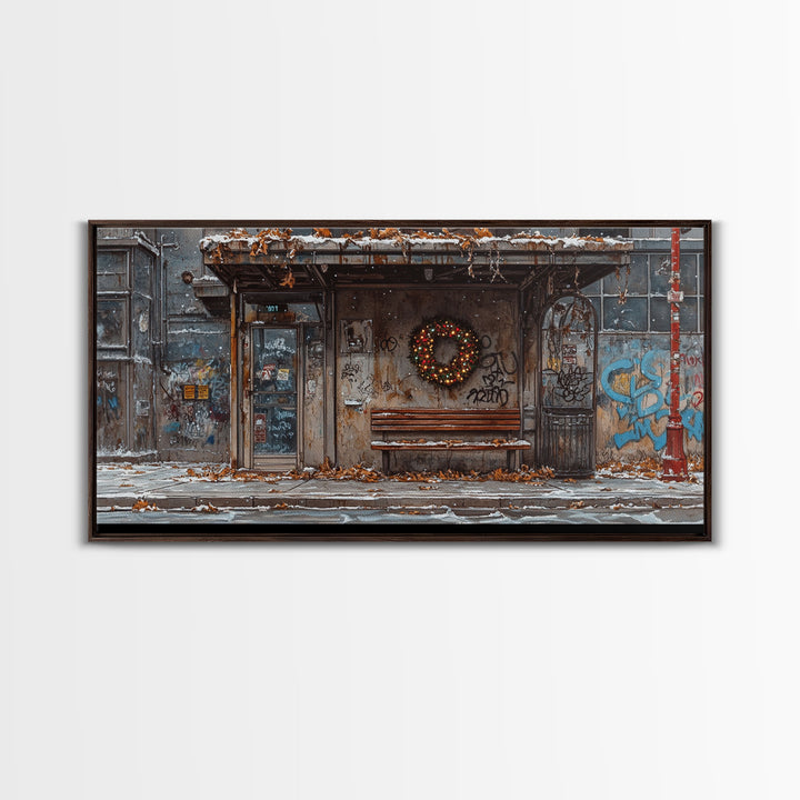 Urban Christmas street scene with wreath on a graffiti wall, framed canvas print perfect moody holiday decor winter wall art