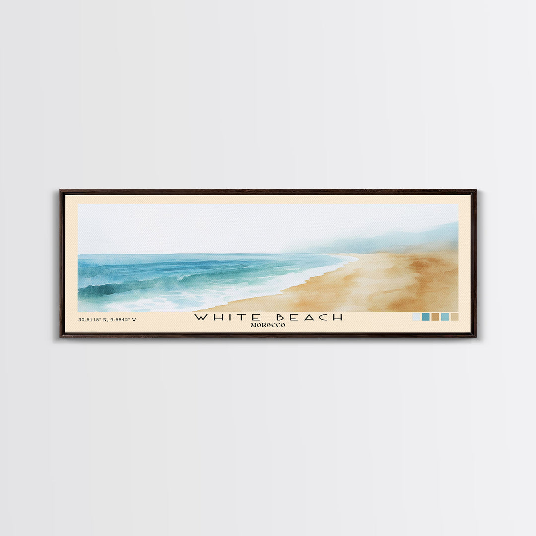 White Beach, Morocco Watercolor Beach Print, Vacation Gift, Morocco Wall Art, Framed Canvas Print, Framed Beach Painting