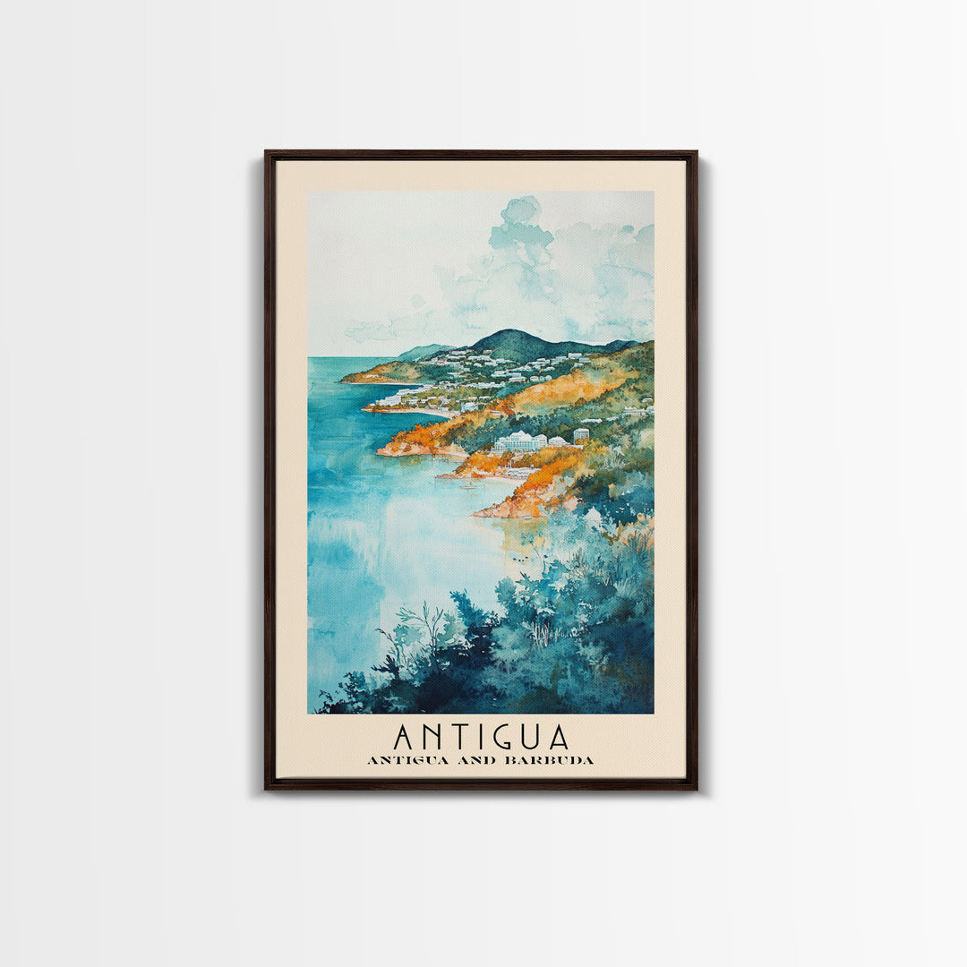 Antigua, Antigua and Barbuda Watercolor Beach Print, Vacation Gift, Antigua and Barbuda Wall Art, Framed Canvas Print, Framed Beach Painting