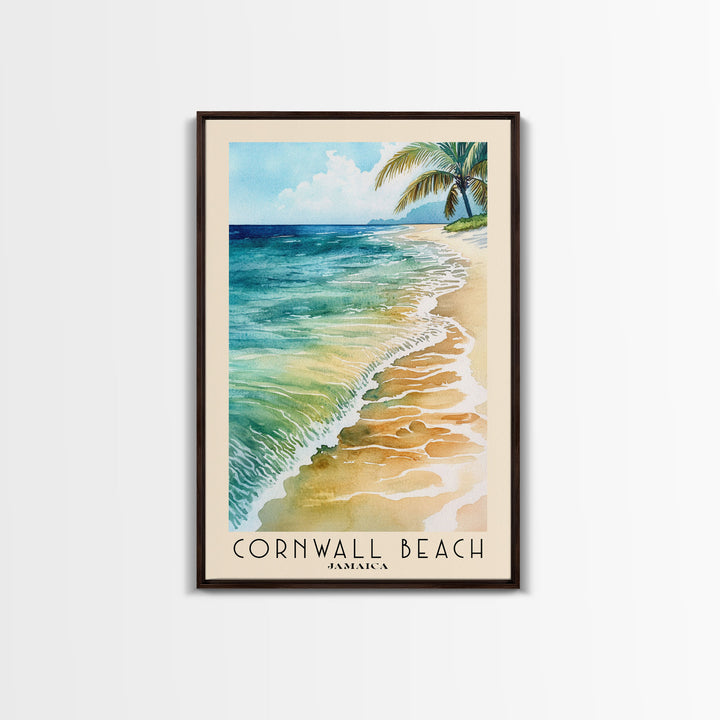 Cornwall Beach, Jamaica Watercolor Beach Print, Vacation Gift, Jamaica Wall Art, Framed Canvas Print, Framed Beach Painting