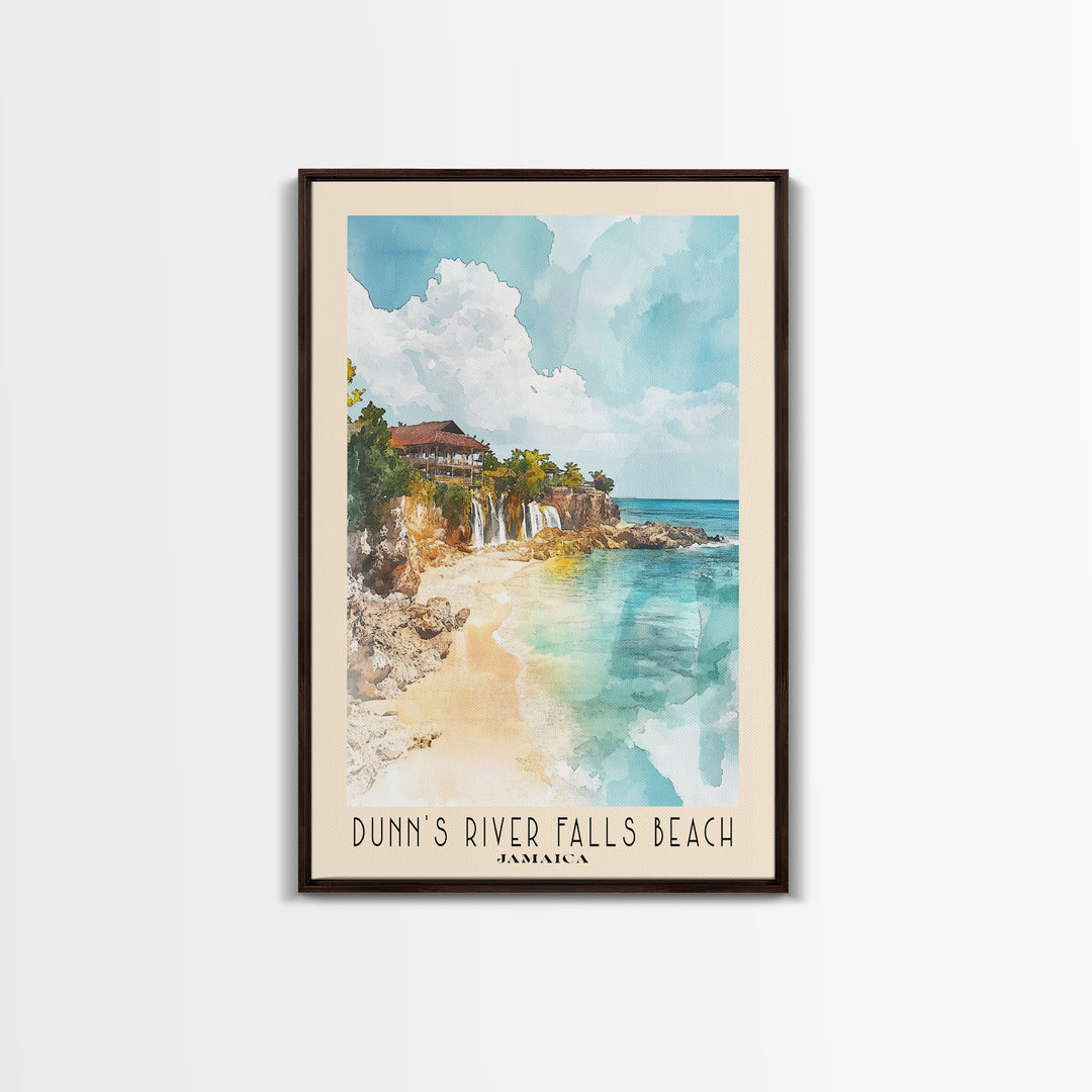 Dunn’s River Falls Beach, Jamaica Watercolor Print, Vacation Gift, Jamaica Wall Art, Beach Painting, Beach Decor, Large Wall Art, Wood Frame Art