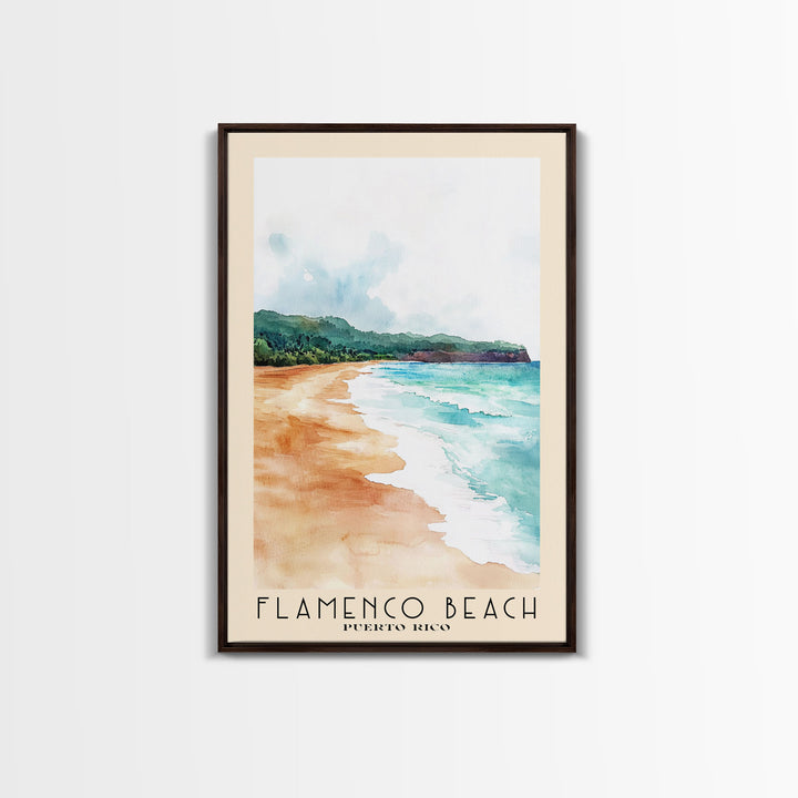 Flamenco Beach, Puerto Rico Watercolor Beach Print, Vacation Gift, Puerto Rico Wall Art, Framed Canvas Print, Framed Beach Painting