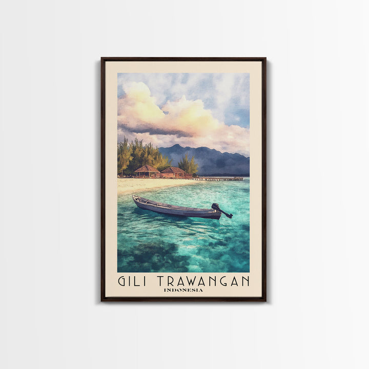 Gili Trawangan, Indonesia Watercolor Beach Print, Vacation Gift, Indonesia Wall Art, Framed Canvas Print, Framed Beach Painting