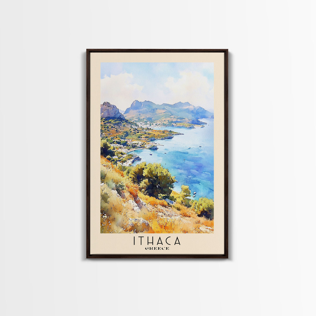 Ithaca, Greece Watercolor Print, Vacation Gift, Greece Wall Art, Beach Painting, Beach Decor, Large Wall Art, Wood Frame Art