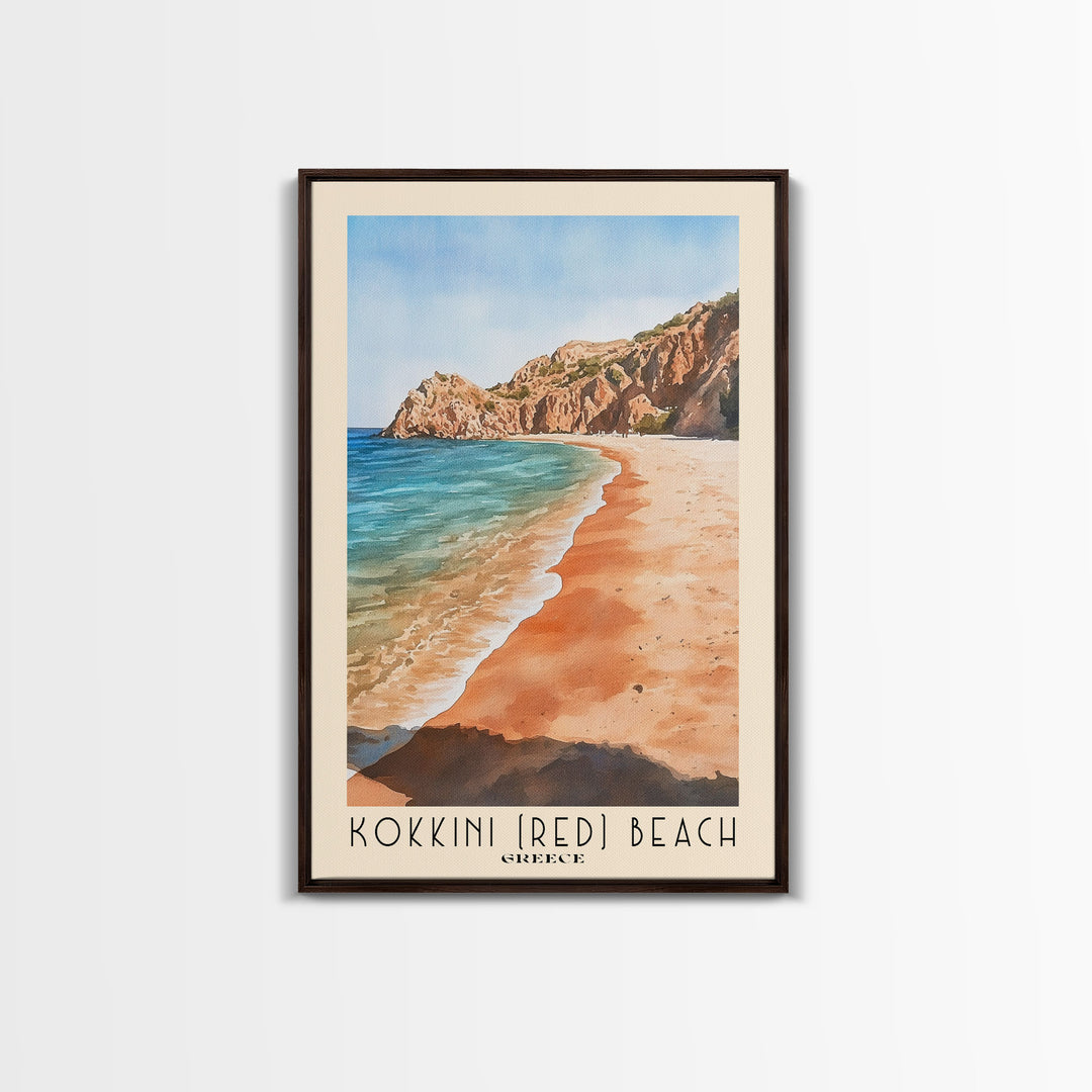 Kokkini (Red) Beach, Greece Watercolor Beach Print, Vacation Gift, Greece Wall Art, Framed Canvas Print, Framed Beach Painting