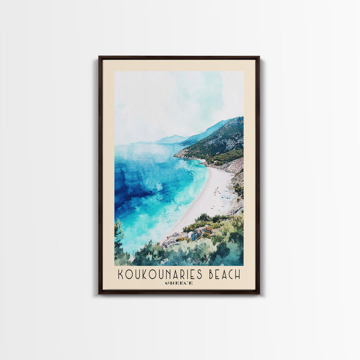 Koukounaries Beach, Greece Watercolor Beach Print, Vacation Gift, Greece Wall Art, Framed Canvas Print, Framed Beach Painting