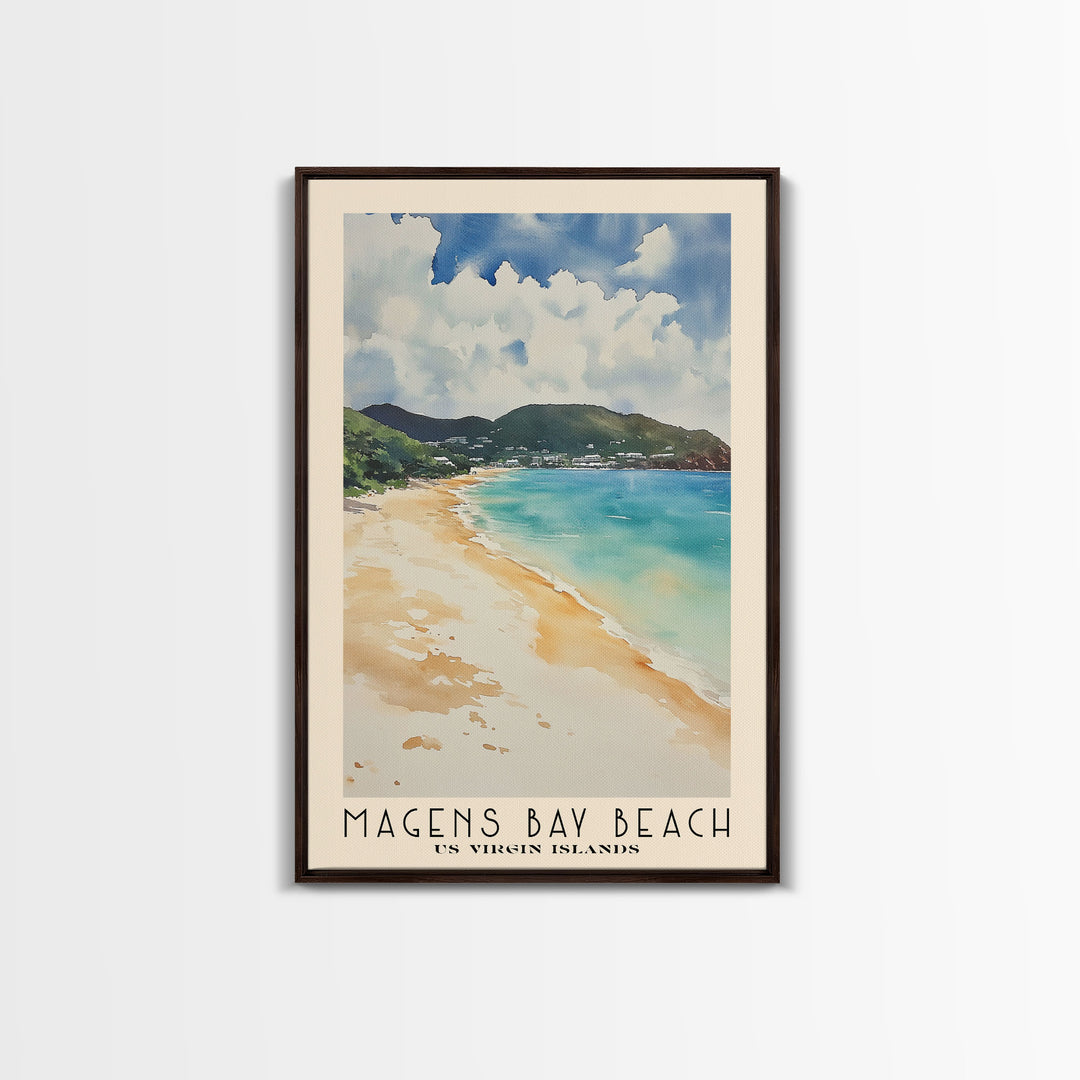 Magens Bay Beach, US Virgin islands Watercolor Beach Print, Vacation Gift, US Virgin islands Wall Art, Framed Canvas Print, Framed Beach Painting