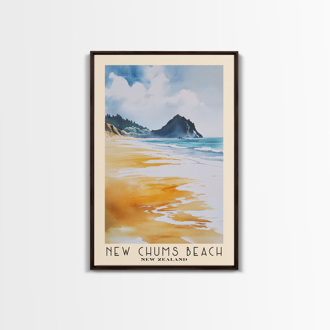 New Chums Beach, New Zealand Watercolor Print, Vacation Gift, New Zealand Wall Art, Beach Painting, Beach Decor, Large Wall Art, Wood Frame Art