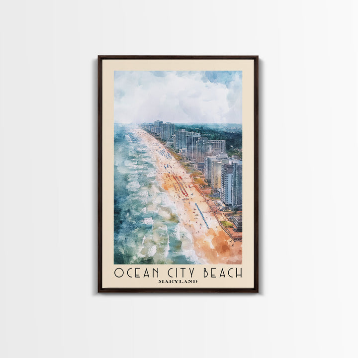 Ocean City Beach, Maryland Watercolor Beach Print, Vacation Gift, Maryland Wall Art, Framed Canvas Print, Framed Beach Painting