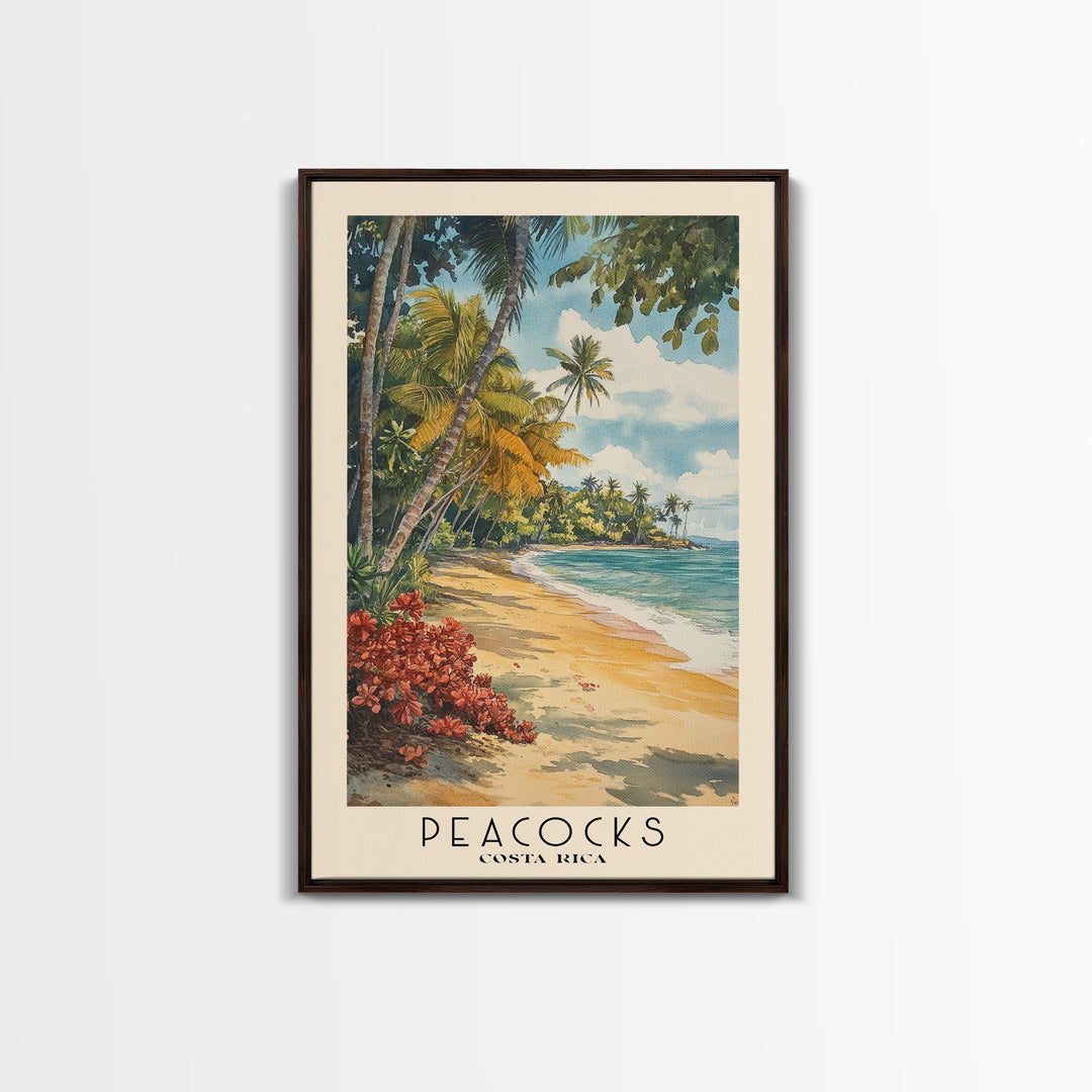 Peacocks, Costa Rica Watercolor Beach Print, Vacation Gift, Costa Rica Wall Art, Framed Canvas Print, Framed Beach Painting