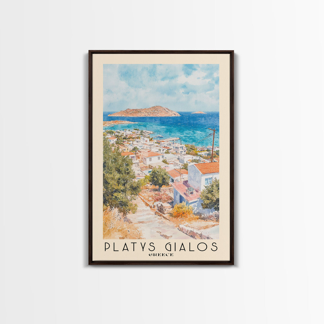 Platys Gialos, Greece Watercolor Beach Print, Vacation Gift, Greece Wall Art, Framed Canvas Print, Framed Beach Painting