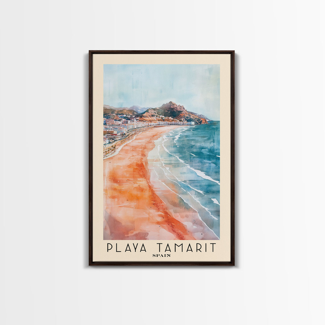 Playa Tamarit, Spain Watercolor Print, Vacation Gift, Spain Wall Art, Beach Painting, Beach Decor, Large Wall Art, Wood Frame Art