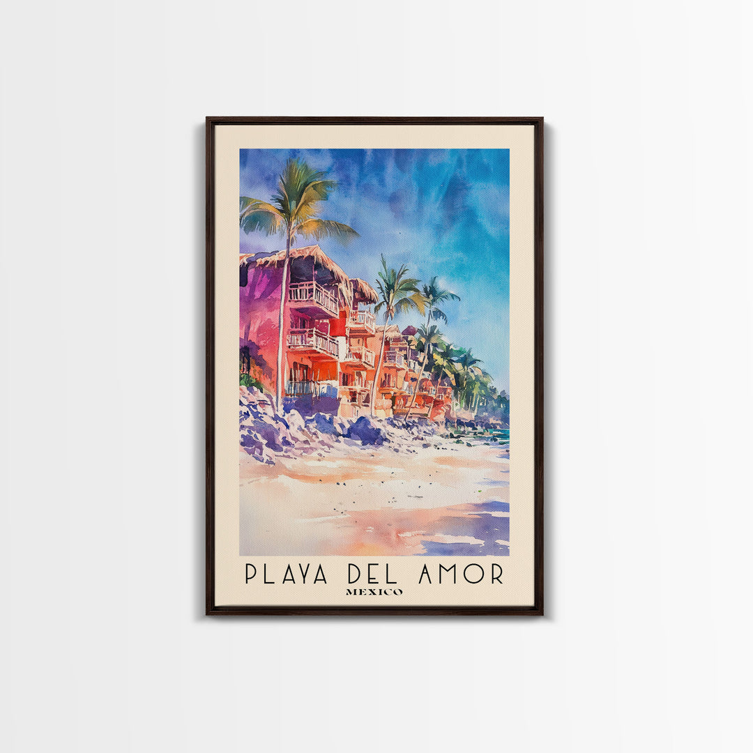 Playa del Amor, Mexico Watercolor Beach Print, Vacation Gift, Mexico Wall Art, Framed Canvas Print, Framed Beach Painting