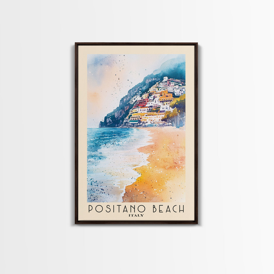 Positano Beach, Italy Watercolor Print, Vacation Gift, Italy Wall Art, Beach Painting, Beach Decor, Large Wall Art, Wood Frame Art