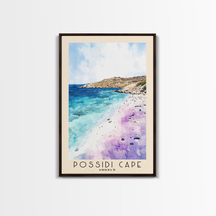 Possidi Cape, Greece Watercolor Beach Print, Vacation Gift, Greece Wall Art, Framed Canvas Print, Framed Beach Painting