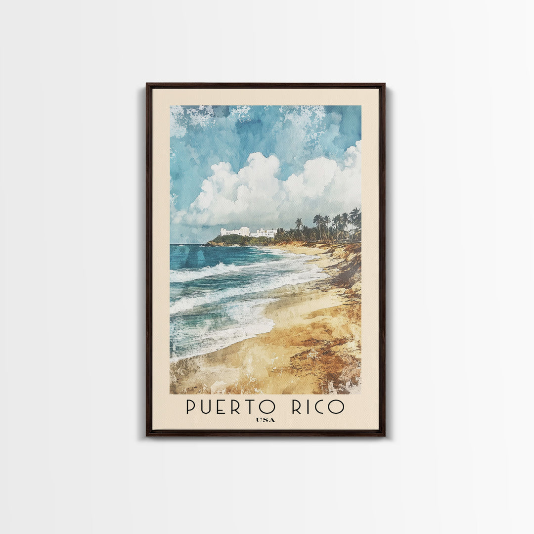 Puerto Rico, USA Watercolor Print, Vacation Gift, USA Wall Art, Beach Painting, Beach Decor, Large Wall Art, Wood Frame Art