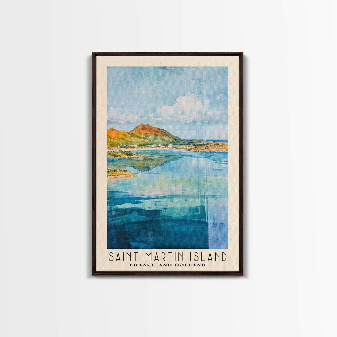 Saint Martin Island, France and Holland Watercolor Beach Print, Vacation Gift, France and Holland Wall Art, Framed Canvas Print, Framed Beach Painting