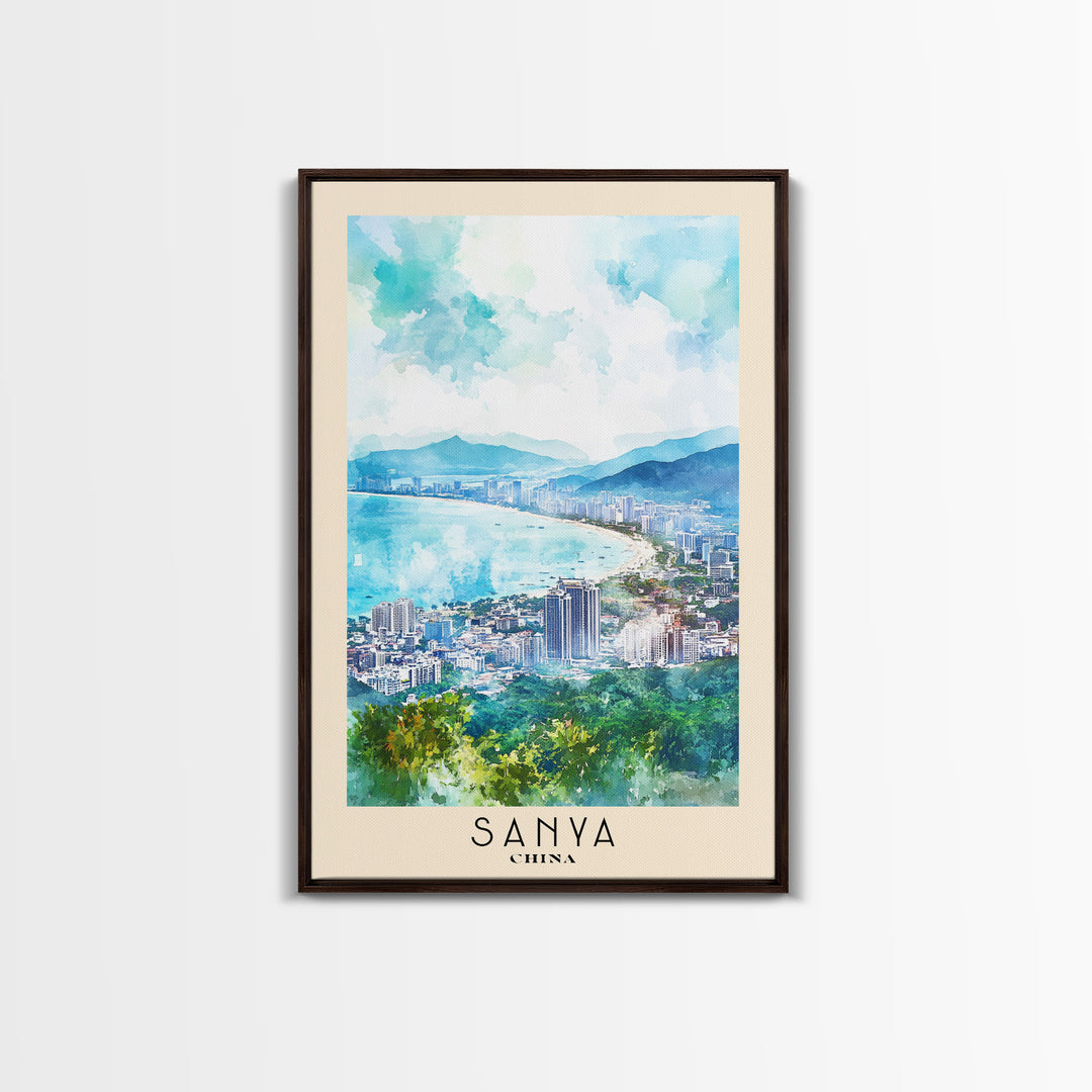 Sanya, China Watercolor Print, Vacation Gift, China Wall Art, Beach Painting, Beach Decor, Large Wall Art, Wood Frame Art