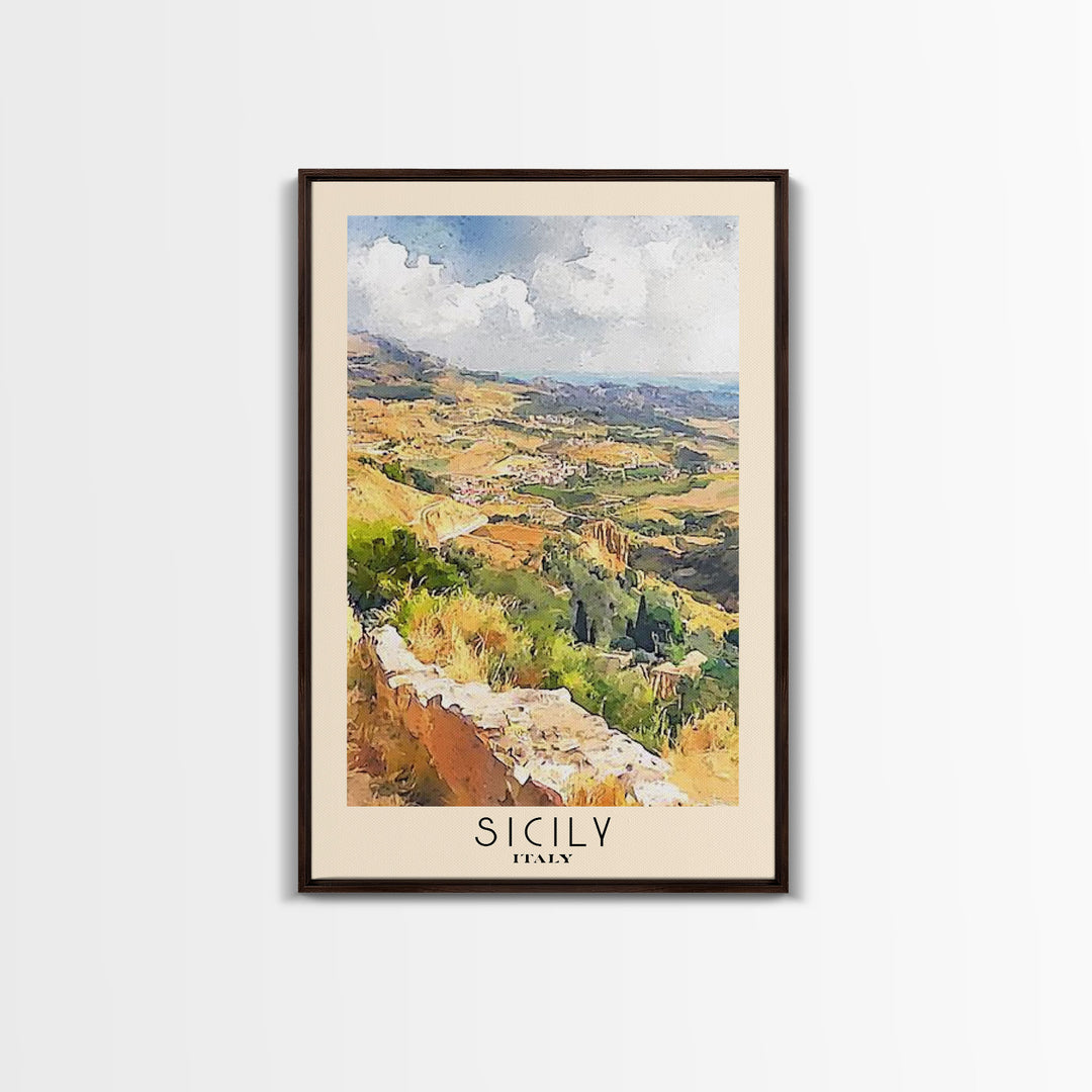 Sicily, Italy Watercolor Beach Print, Vacation Gift, Italy Wall Art, Framed Canvas Print, Framed Beach Painting