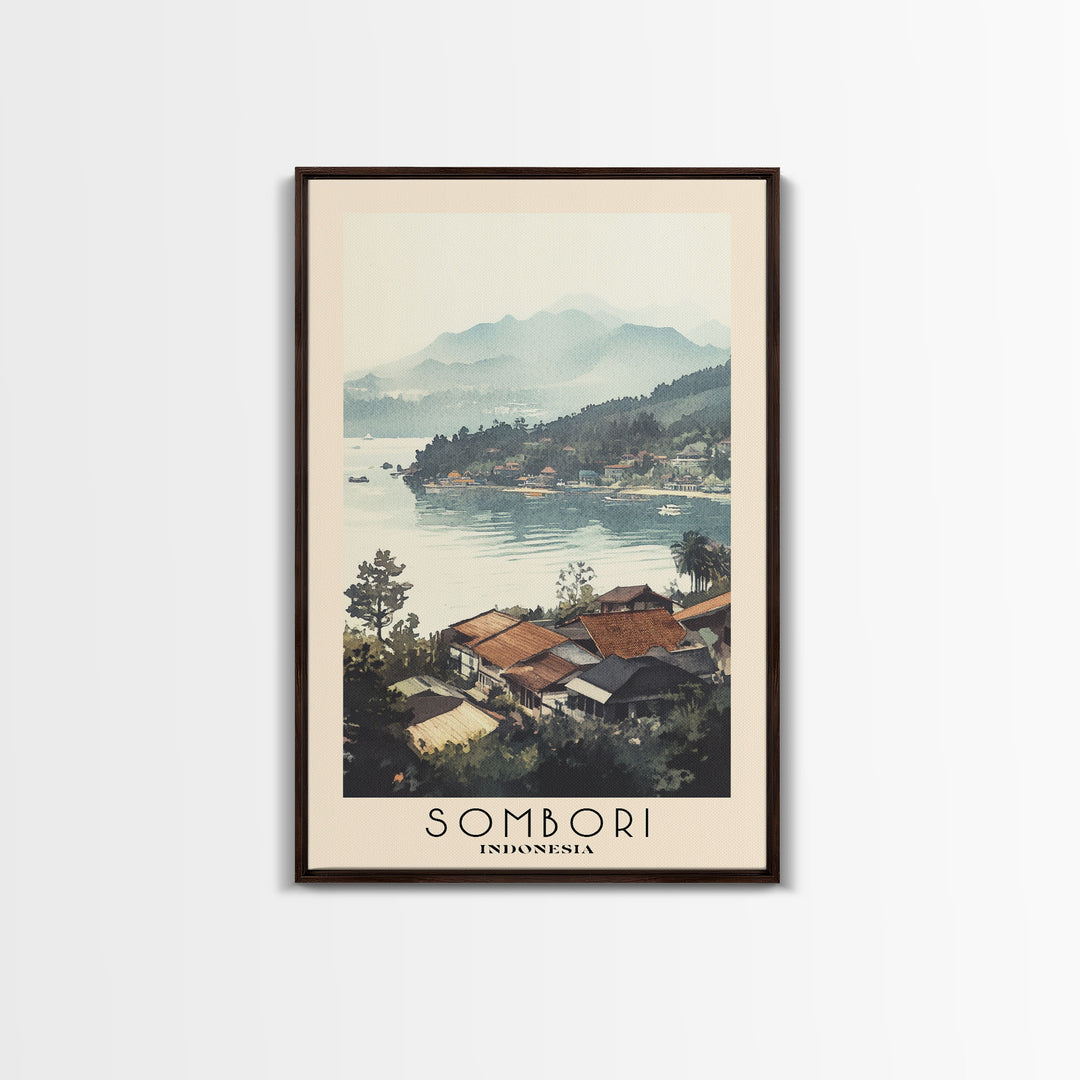 Sombori, Indonesia Watercolor Beach Print, Vacation Gift, Indonesia Wall Art, Framed Canvas Print, Framed Beach Painting