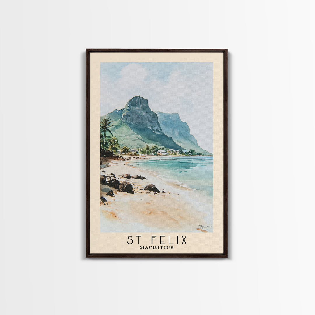 St Felix, Mauritius Watercolor Beach Print, Vacation Gift, Mauritius Wall Art, Framed Canvas Print, Framed Beach Painting