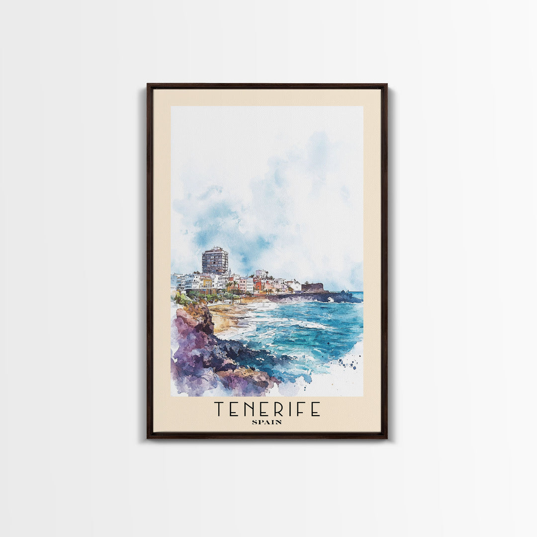 Tenerife, Spain Watercolor Beach Print, Vacation Gift, Spain Wall Art, Framed Canvas Print, Framed Beach Painting