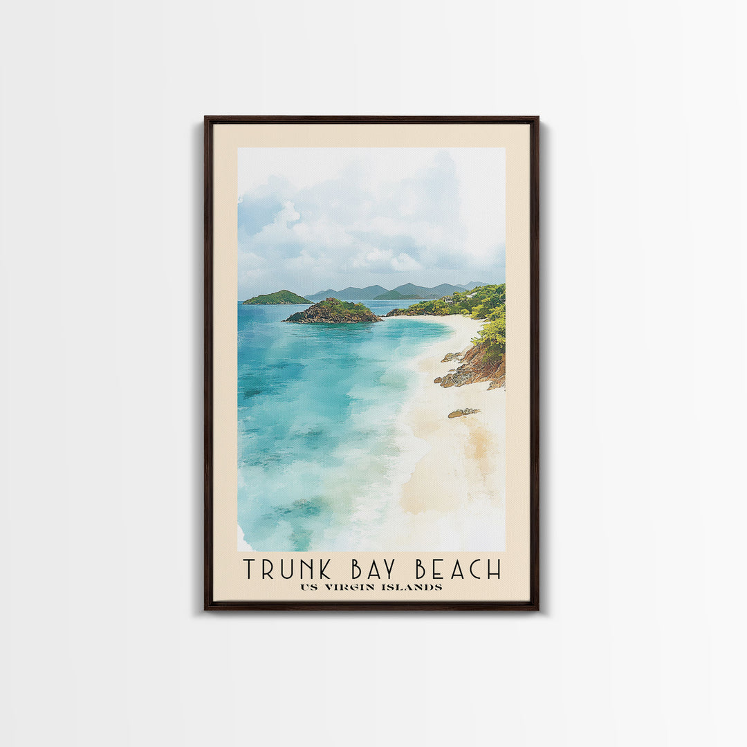 Trunk Bay Beach, US Virgin islands Watercolor Beach Print, Vacation Gift, US Virgin islands Wall Art, Framed Canvas Print, Framed Beach Painting