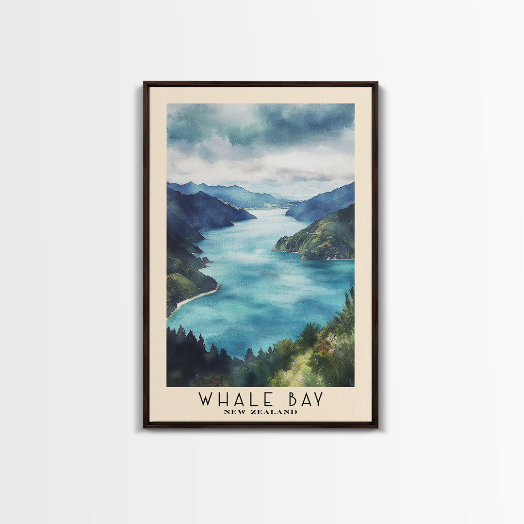 Whale Bay, New Zealand Watercolor Print, Vacation Gift, New Zealand Wall Art, Beach Painting, Beach Decor, Large Wall Art, Wood Frame Art