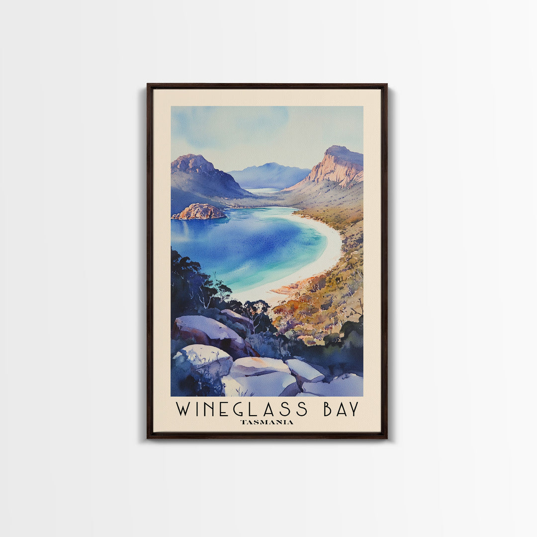 Wineglass Bay, Tasmania Watercolor Beach Print, Vacation Gift, Tasmania Wall Art, Framed Canvas Print, Framed Beach Painting