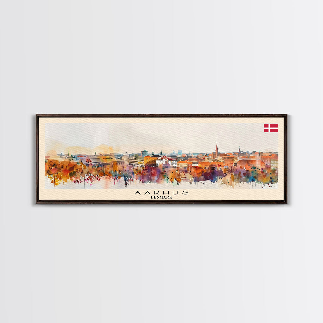 Aarhus Denmark  Panoramic Travel Poster, Framed Canvas Print or Metal Wall Art, Travel Art, Home Decor, Panoramic Painting, Midcentury Art