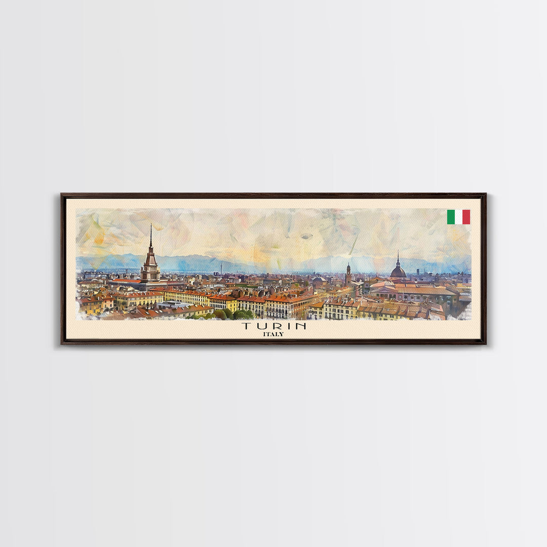 Turin Italy Panoramic Travel Poster, Framed Canvas Print or Metal Wall Art, Travel Art, Home Decor, Panoramic Painting, Midcentury Art