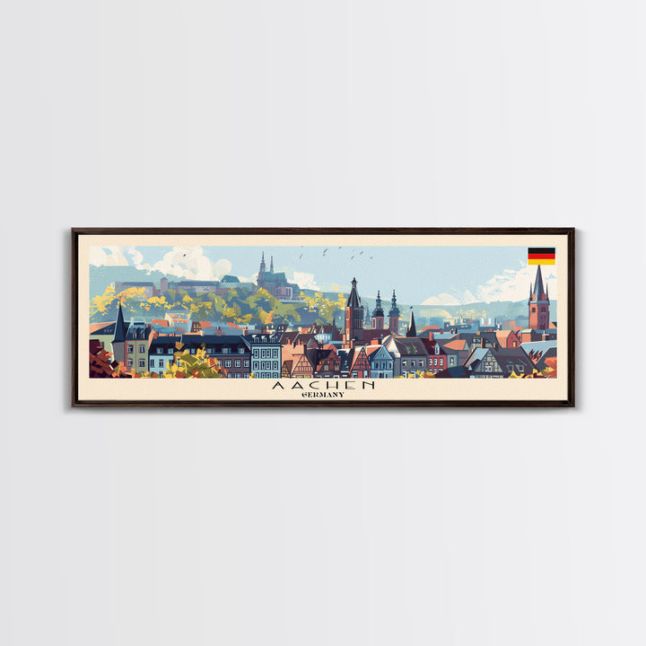 Aachen Germany  Panoramic Travel Poster, Framed Canvas Print or Metal Wall Art, Travel Art, Home Decor, Panoramic Painting, Midcentury Art