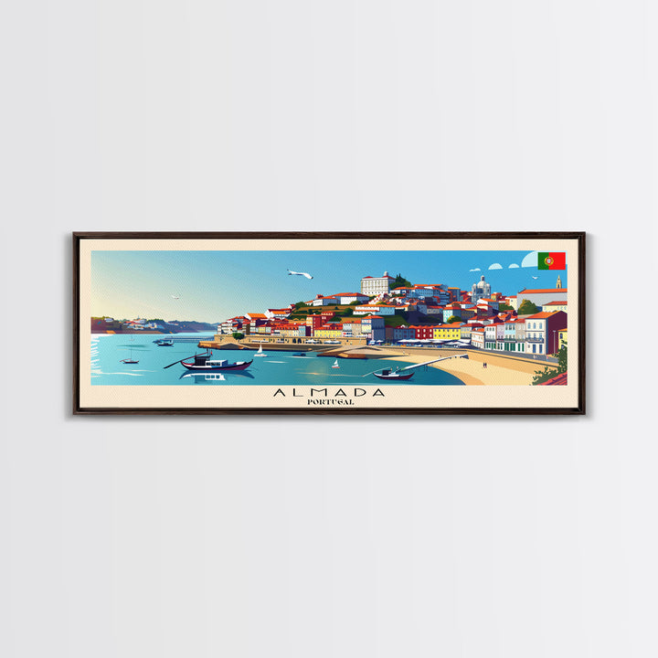 Almada  Portugal Travel Art, City Art, Framed Canvas Print or Metal Wall Art, Europe Travel Poster, Panoramic Wall Art, Extra Wide Wall Art